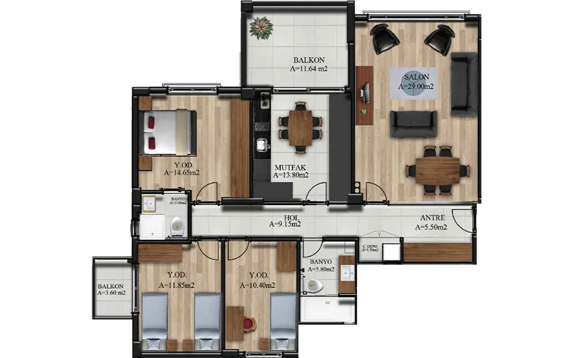 A - B 3+1 Kat Planı